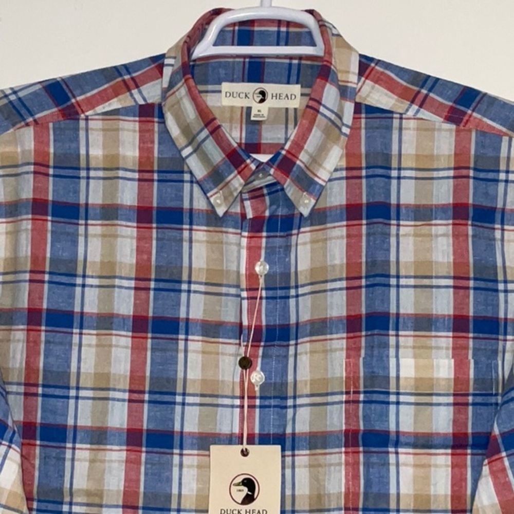 DUCK HEAD SLUB LINEN COTTON BLEND IMPERIAL BLUE PLAID L/S SHIRT SIZE XL NWT
